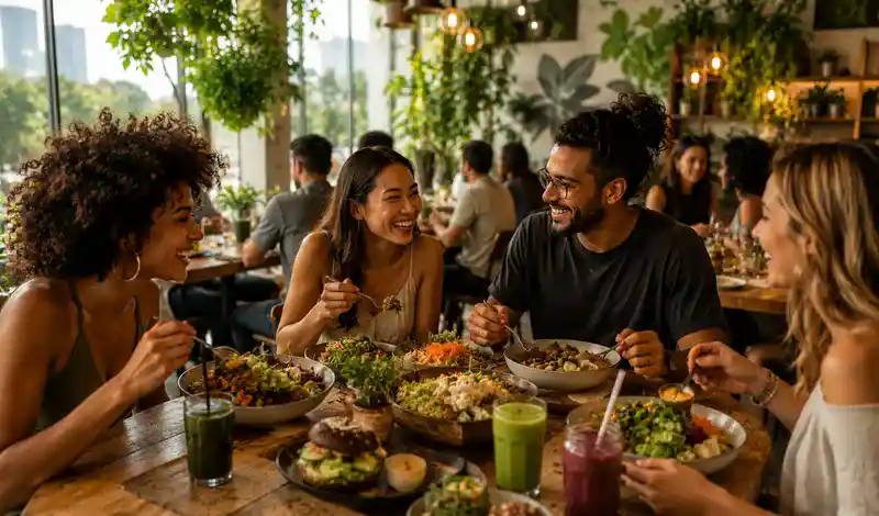 Friends enjoying fresh plant-based meals at a popular Houston vegan restaurant with a modern, welcoming atmosphere.